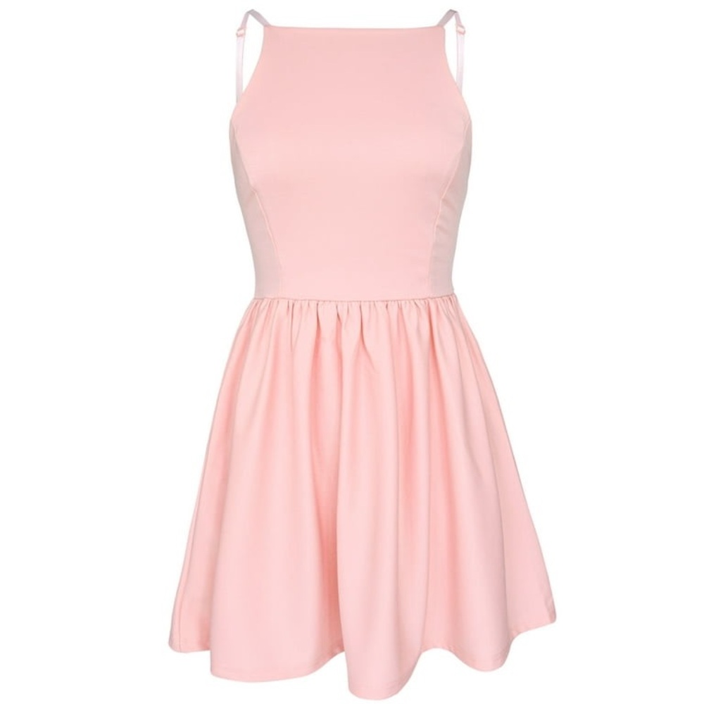 FANCYINN Women’s Pink Short Dress Spaghetti Strap Backless Mini Skater Dress S